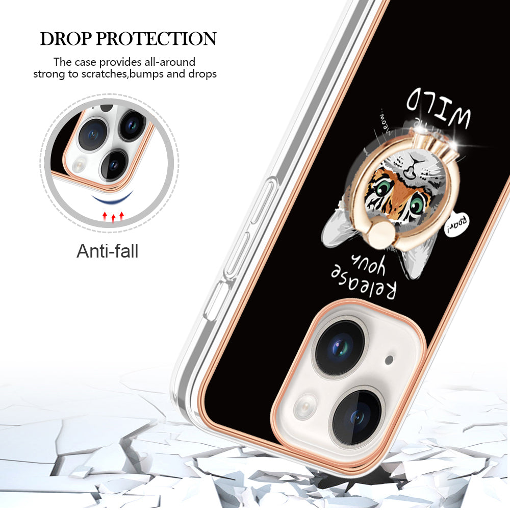 YB IMD Series-20 Style D Kickstand Phone Case for iPhone 15 Electroplating IMD Pattern 2.0mm Slim TPU Cover