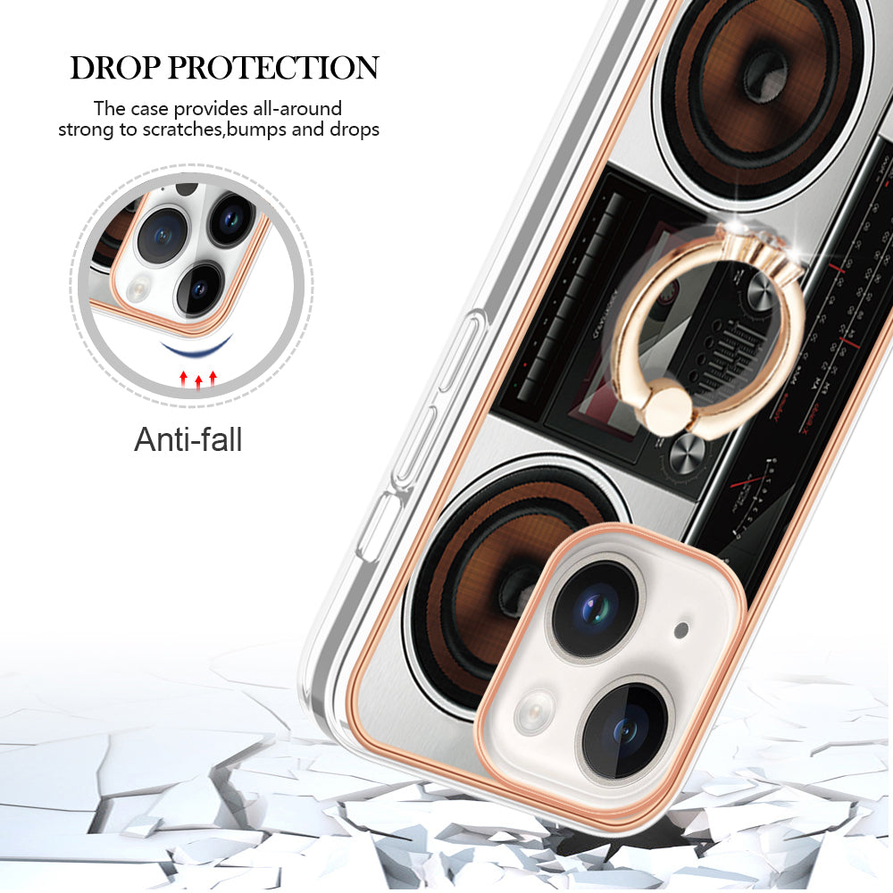 YB IMD Series-20 Style D Kickstand Phone Case for iPhone 15 Electroplating IMD Pattern 2.0mm Slim TPU Cover