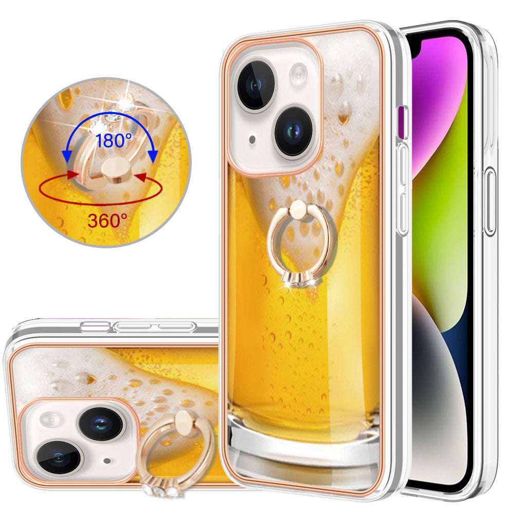 YB IMD Series-20 Style D Kickstand Phone Case for iPhone 15 Electroplating IMD Pattern 2.0mm Slim TPU Cover