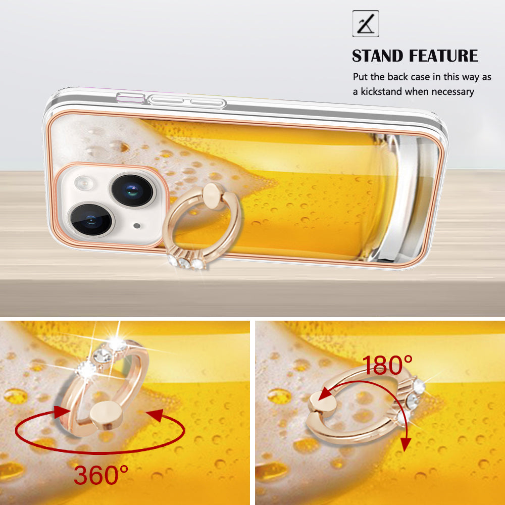 YB IMD Series-20 Style D Kickstand Phone Case for iPhone 15 Electroplating IMD Pattern 2.0mm Slim TPU Cover