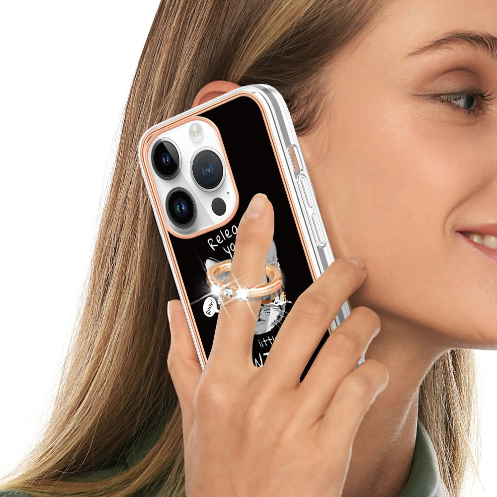 YB IMD Series-20 Style D Anti-Drop Kickstand Case for iPhone 15 Pro Max IMD Pattern 2.0mm Electroplating TPU Phone Shell