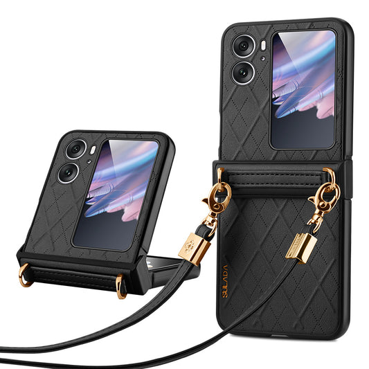 SULADA For Oppo Find N2 Flip 5G Folding Phone Case Imprinted Leather Coated PC Cover with Shoulder Strap