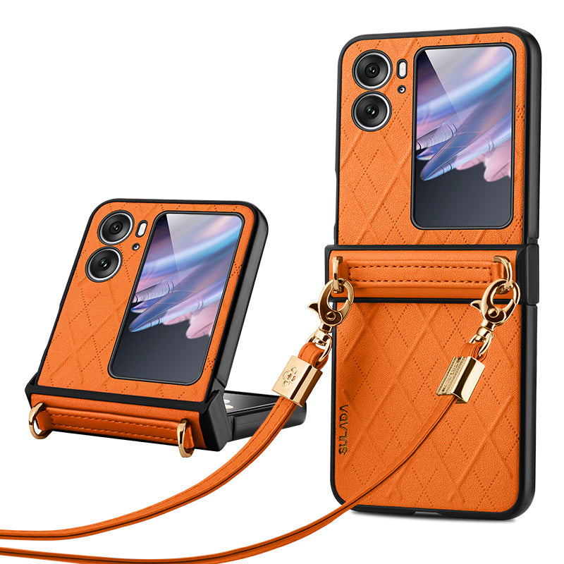 SULADA For Oppo Find N2 Flip 5G Folding Phone Case Imprinted Leather Coated PC Cover with Shoulder Strap