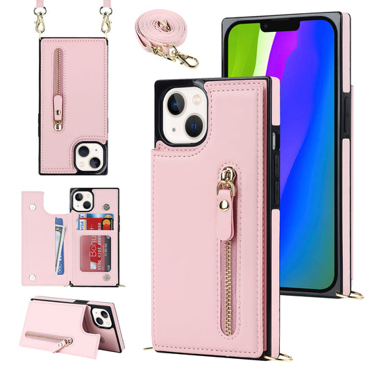 RFID Blocking Wallet Phone Case for iPhone 15 TPU+PU Kickstand Phone Cover with Shoulder Strap