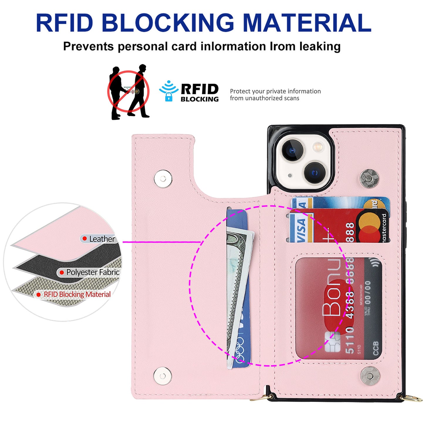 RFID Blocking Wallet Phone Case for iPhone 15 TPU+PU Kickstand Phone Cover with Shoulder Strap
