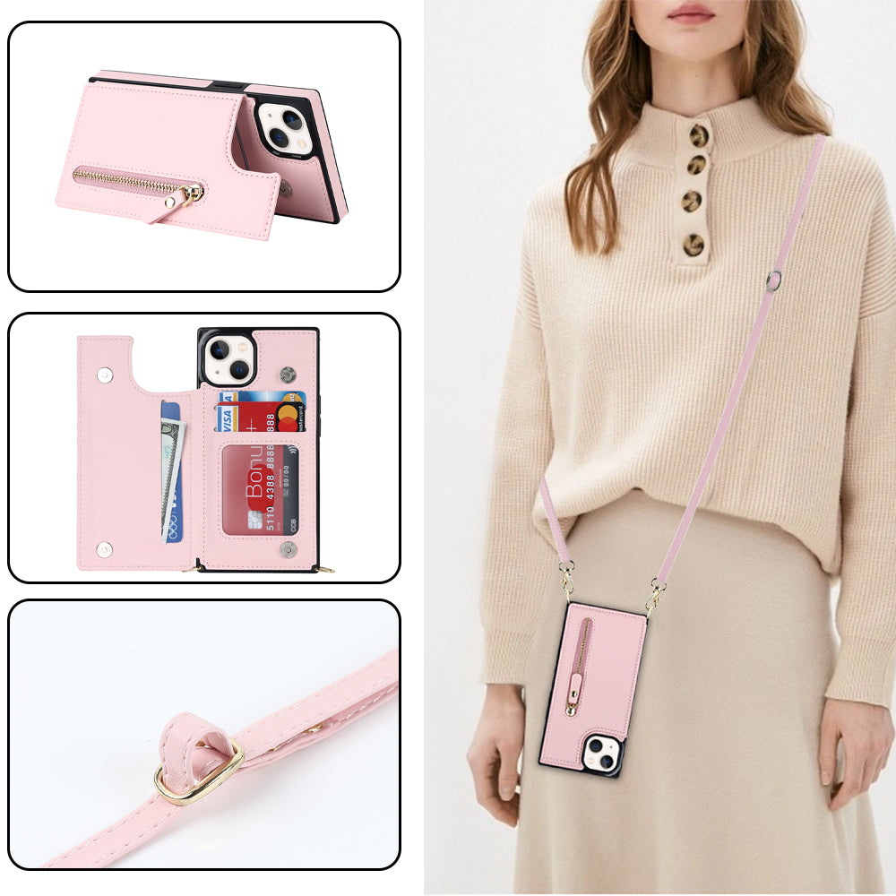 RFID Blocking Wallet Phone Case for iPhone 15 TPU+PU Kickstand Phone Cover with Shoulder Strap