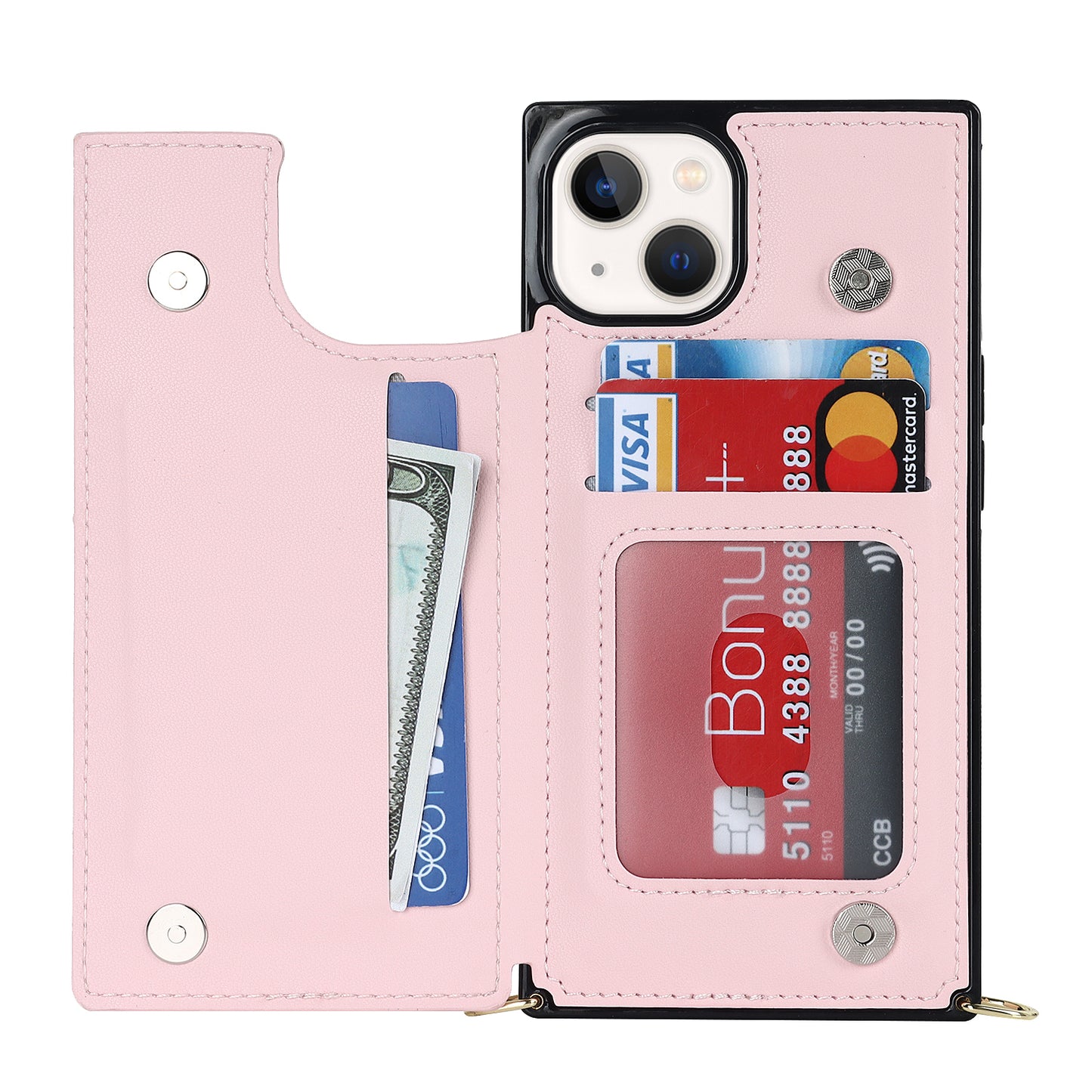 RFID Blocking Wallet Phone Case for iPhone 15 TPU+PU Kickstand Phone Cover with Shoulder Strap