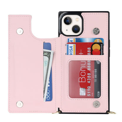 RFID Blocking Wallet Phone Case for iPhone 15 TPU+PU Kickstand Phone Cover with Shoulder Strap