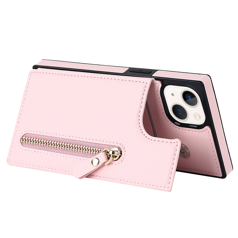RFID Blocking Wallet Phone Case for iPhone 15 TPU+PU Kickstand Phone Cover with Shoulder Strap