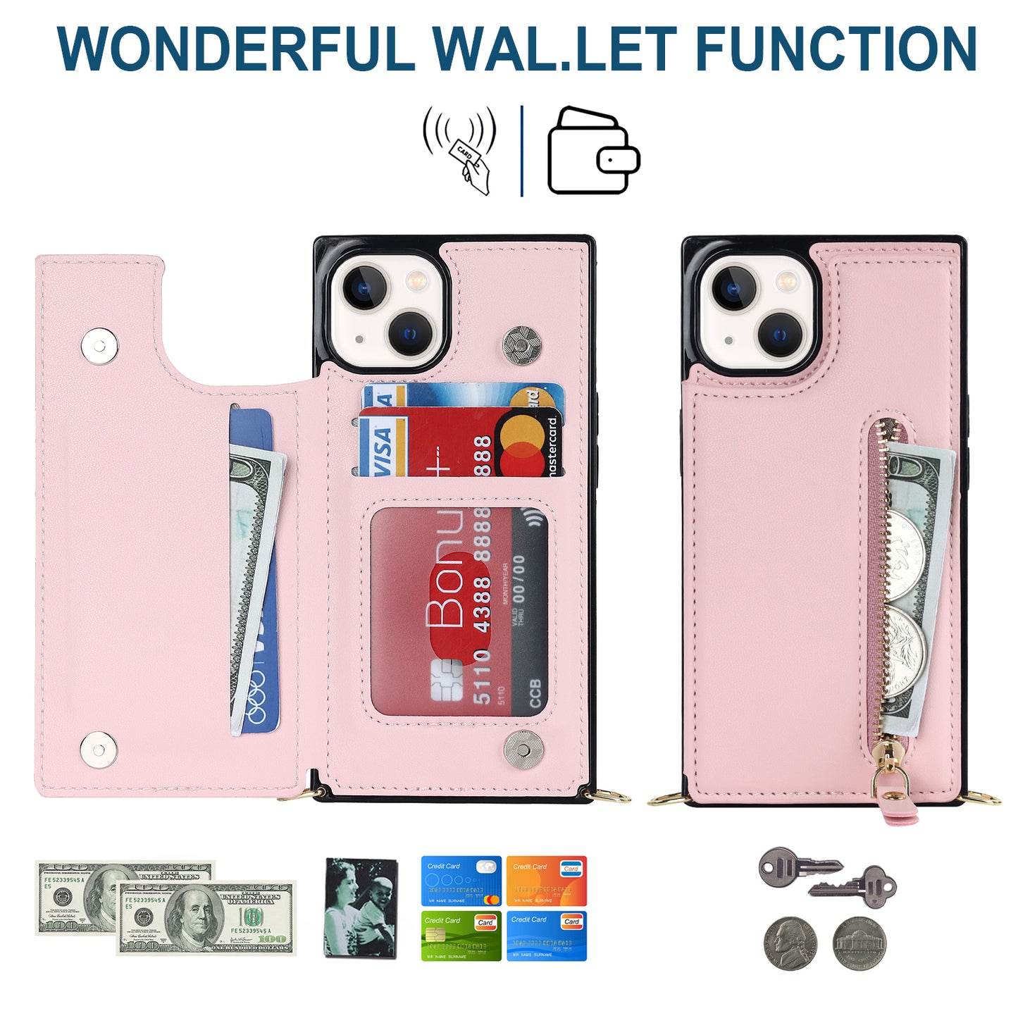 RFID Blocking Wallet Phone Case for iPhone 15 TPU+PU Kickstand Phone Cover with Shoulder Strap