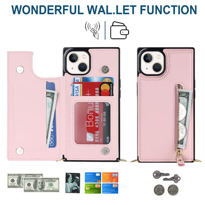 RFID Blocking Wallet Phone Case for iPhone 15 TPU+PU Kickstand Phone Cover with Shoulder Strap