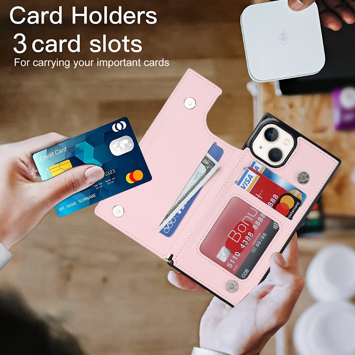RFID Blocking Wallet Phone Case for iPhone 15 TPU+PU Kickstand Phone Cover with Shoulder Strap