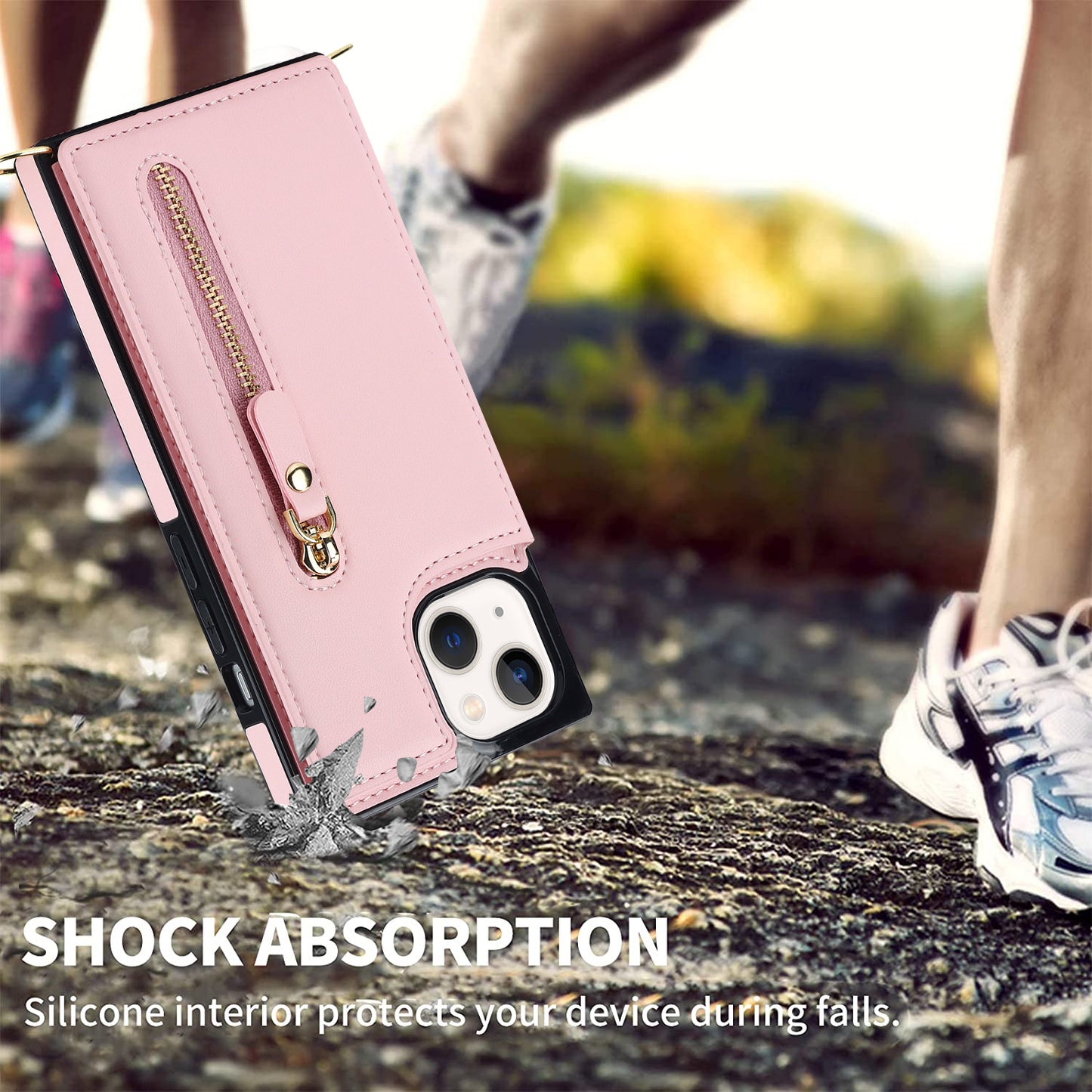 RFID Blocking Wallet Phone Case for iPhone 15 TPU+PU Kickstand Phone Cover with Shoulder Strap