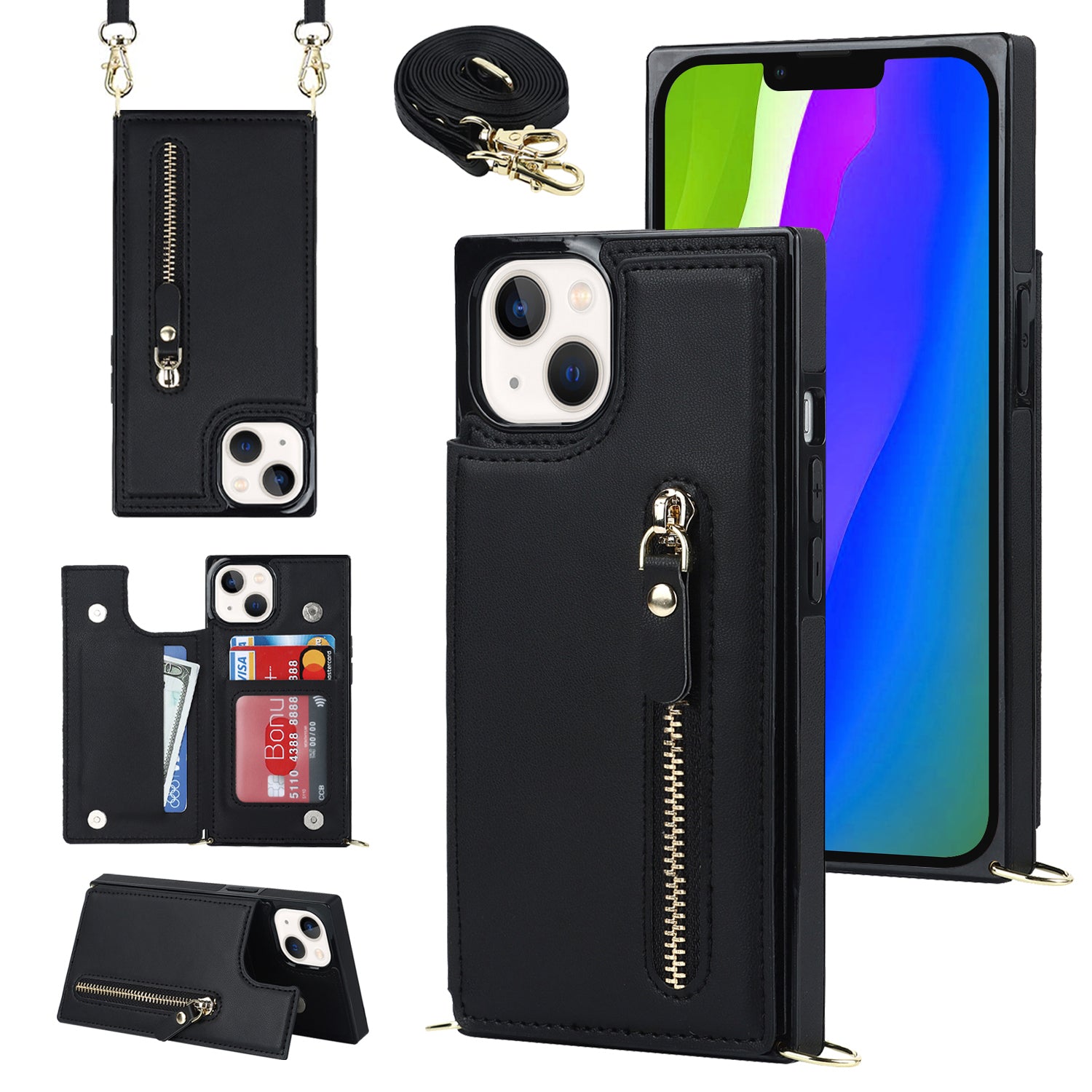 RFID Blocking Wallet Phone Case for iPhone 15 TPU+PU Kickstand Phone Cover with Shoulder Strap