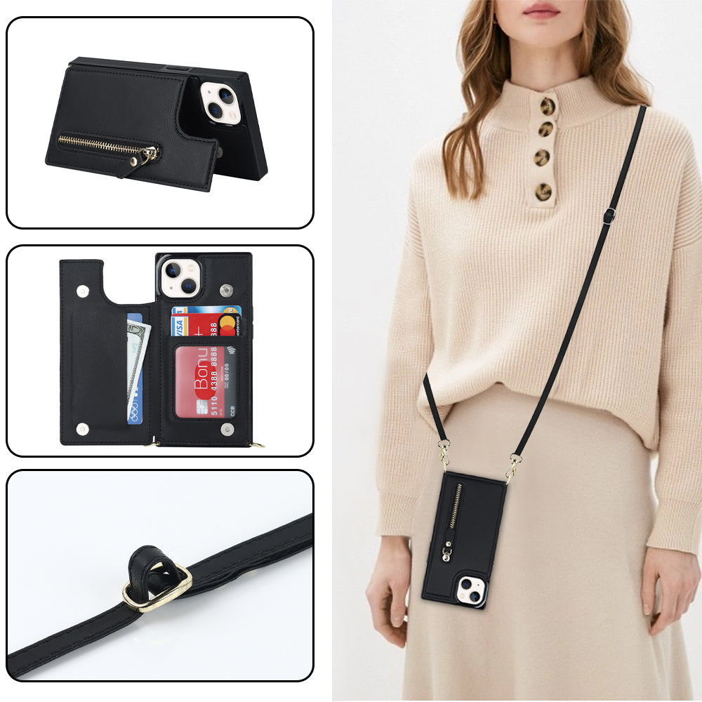 RFID Blocking Wallet Phone Case for iPhone 15 TPU+PU Kickstand Phone Cover with Shoulder Strap