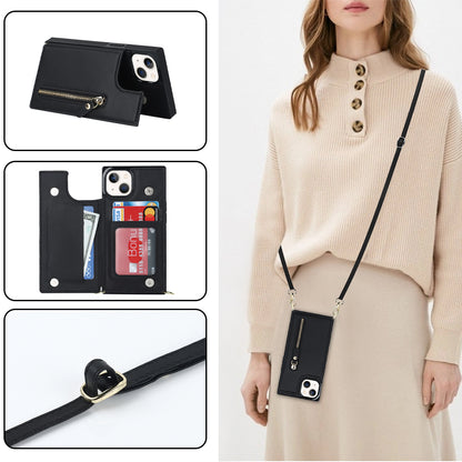 RFID Blocking Wallet Phone Case for iPhone 15 TPU+PU Kickstand Phone Cover with Shoulder Strap