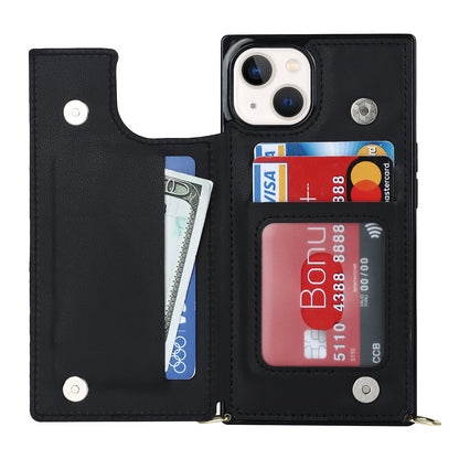 RFID Blocking Wallet Phone Case for iPhone 15 TPU+PU Kickstand Phone Cover with Shoulder Strap