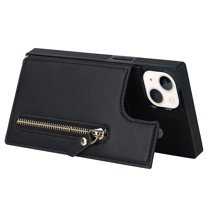 RFID Blocking Wallet Phone Case for iPhone 15 TPU+PU Kickstand Phone Cover with Shoulder Strap