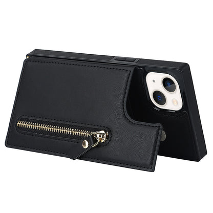 RFID Blocking Wallet Phone Case for iPhone 15 TPU+PU Kickstand Phone Cover with Shoulder Strap