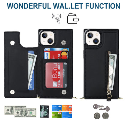 RFID Blocking Wallet Phone Case for iPhone 15 TPU+PU Kickstand Phone Cover with Shoulder Strap