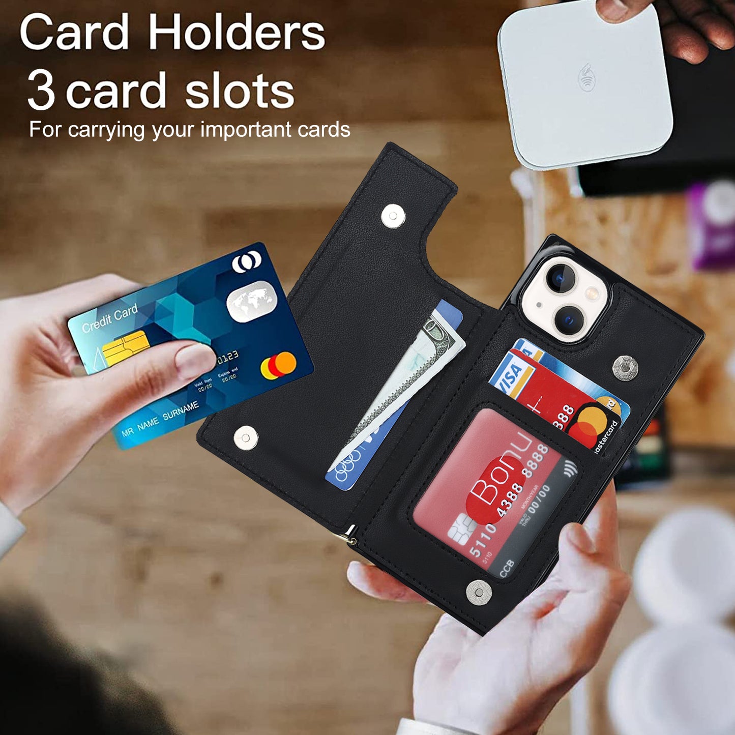 RFID Blocking Wallet Phone Case for iPhone 15 TPU+PU Kickstand Phone Cover with Shoulder Strap