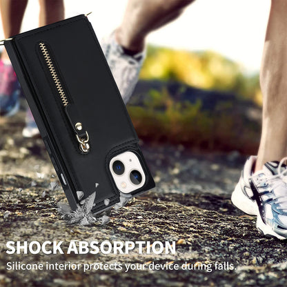RFID Blocking Wallet Phone Case for iPhone 15 TPU+PU Kickstand Phone Cover with Shoulder Strap