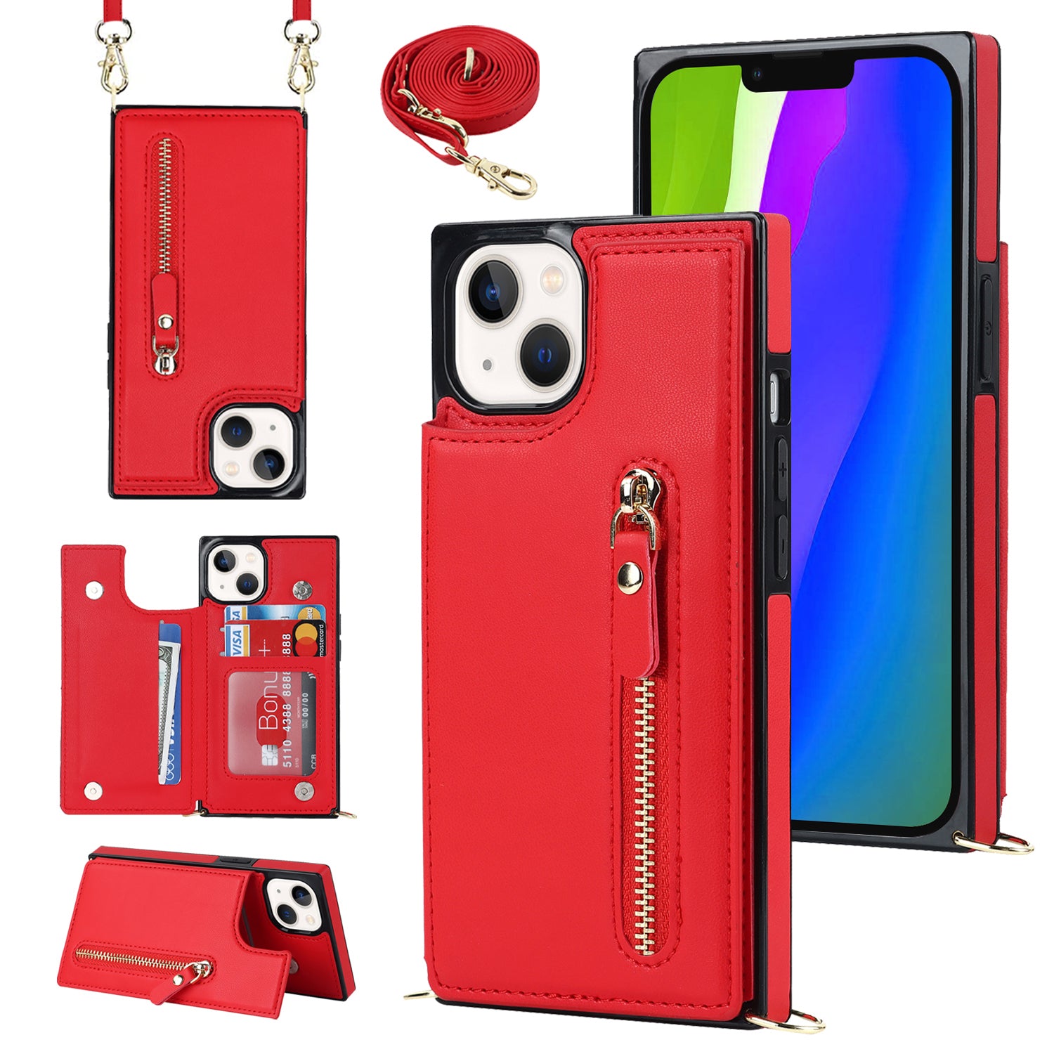 RFID Blocking Wallet Phone Case for iPhone 15 TPU+PU Kickstand Phone Cover with Shoulder Strap