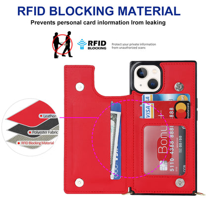 RFID Blocking Wallet Phone Case for iPhone 15 TPU+PU Kickstand Phone Cover with Shoulder Strap