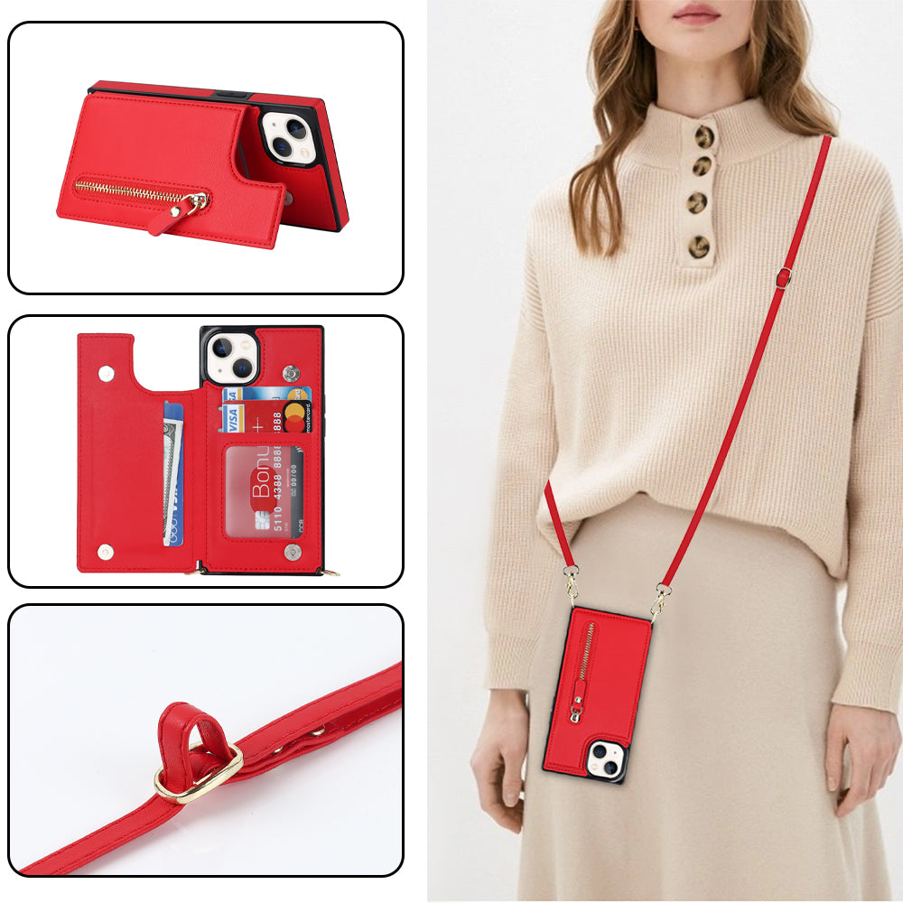 RFID Blocking Wallet Phone Case for iPhone 15 TPU+PU Kickstand Phone Cover with Shoulder Strap