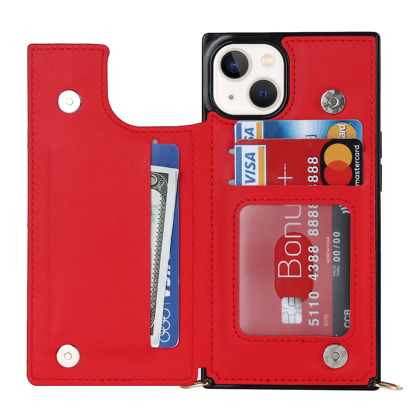 RFID Blocking Wallet Phone Case for iPhone 15 TPU+PU Kickstand Phone Cover with Shoulder Strap