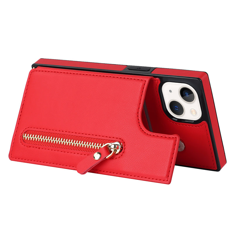 RFID Blocking Wallet Phone Case for iPhone 15 TPU+PU Kickstand Phone Cover with Shoulder Strap