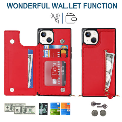 RFID Blocking Wallet Phone Case for iPhone 15 TPU+PU Kickstand Phone Cover with Shoulder Strap