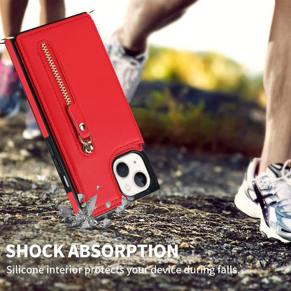 RFID Blocking Wallet Phone Case for iPhone 15 TPU+PU Kickstand Phone Cover with Shoulder Strap