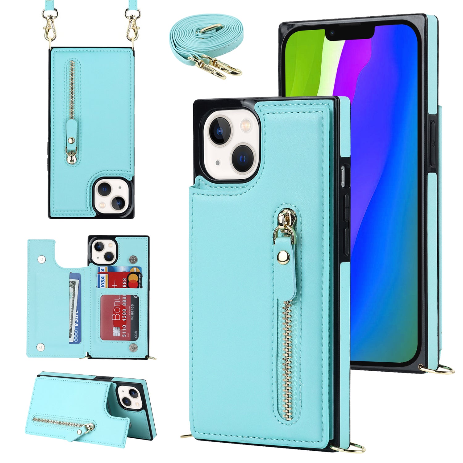 RFID Blocking Wallet Phone Case for iPhone 15 TPU+PU Kickstand Phone Cover with Shoulder Strap