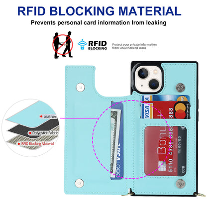 RFID Blocking Wallet Phone Case for iPhone 15 TPU+PU Kickstand Phone Cover with Shoulder Strap