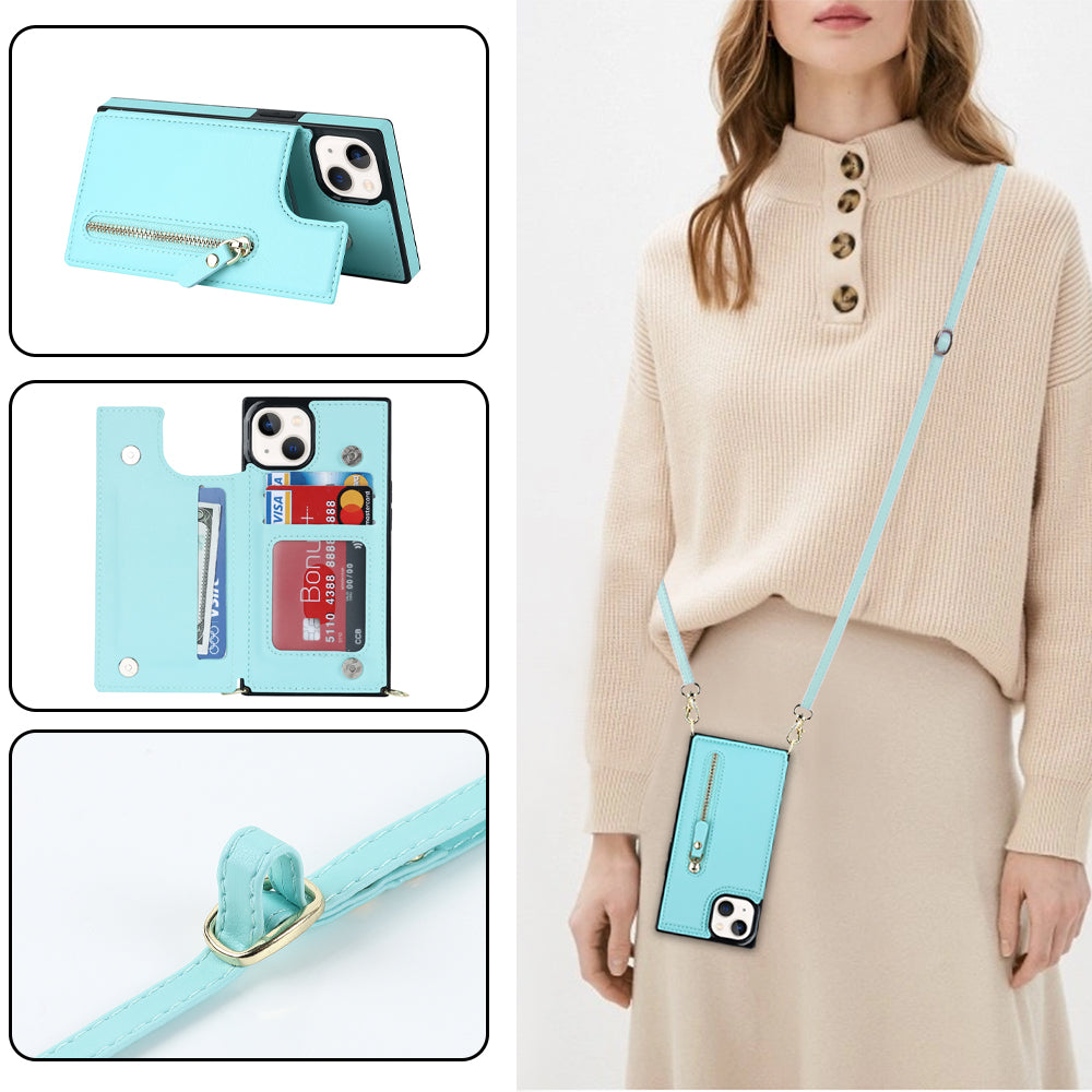 RFID Blocking Wallet Phone Case for iPhone 15 TPU+PU Kickstand Phone Cover with Shoulder Strap