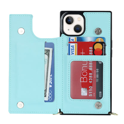 RFID Blocking Wallet Phone Case for iPhone 15 TPU+PU Kickstand Phone Cover with Shoulder Strap