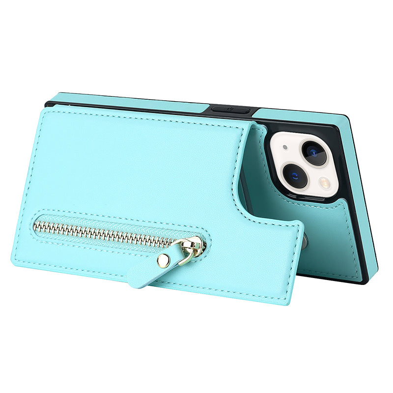 RFID Blocking Wallet Phone Case for iPhone 15 TPU+PU Kickstand Phone Cover with Shoulder Strap