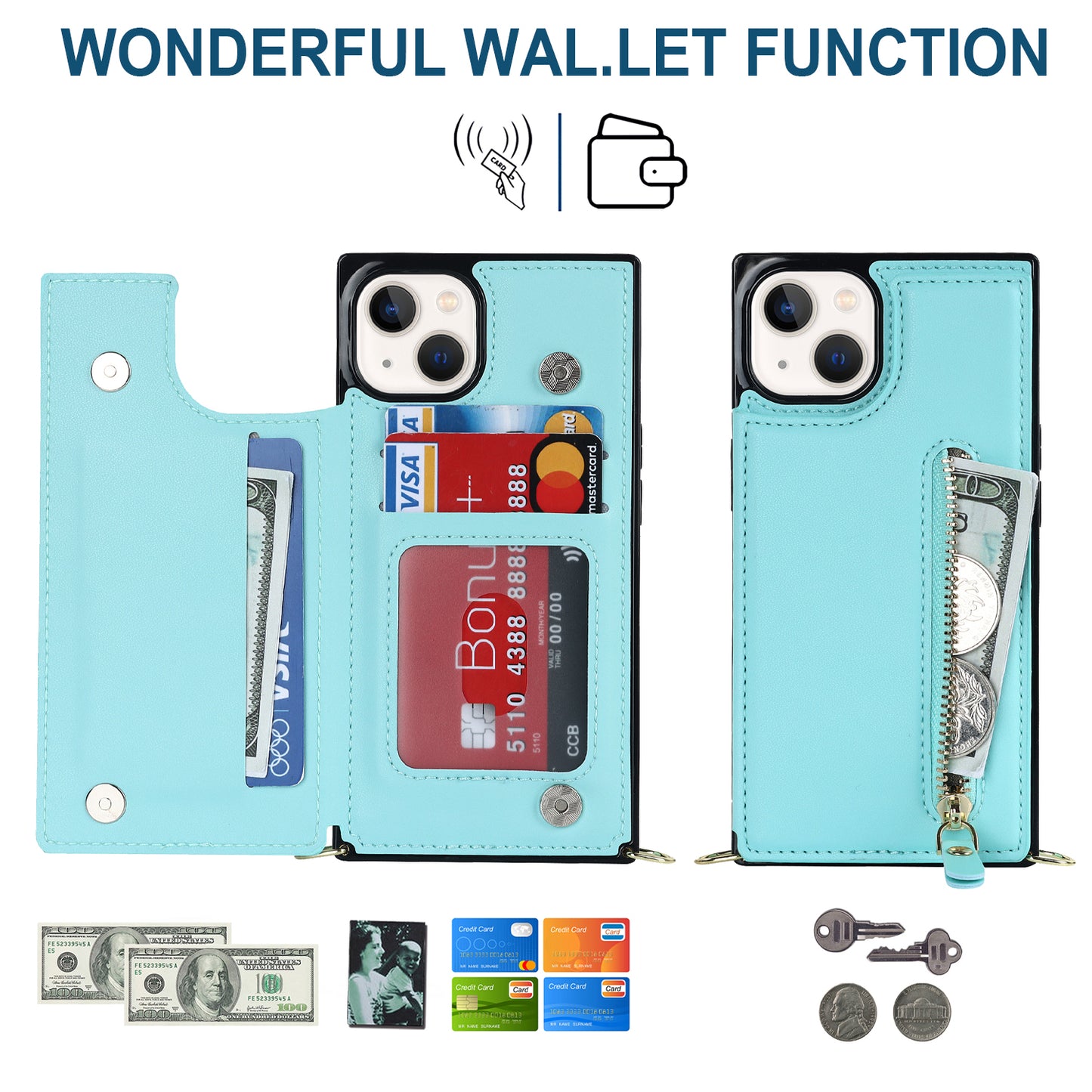RFID Blocking Wallet Phone Case for iPhone 15 TPU+PU Kickstand Phone Cover with Shoulder Strap