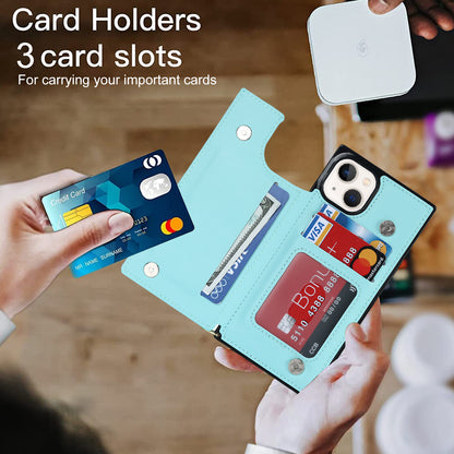 RFID Blocking Wallet Phone Case for iPhone 15 TPU+PU Kickstand Phone Cover with Shoulder Strap