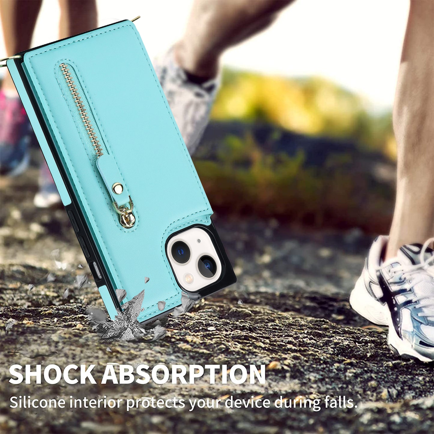 RFID Blocking Wallet Phone Case for iPhone 15 TPU+PU Kickstand Phone Cover with Shoulder Strap