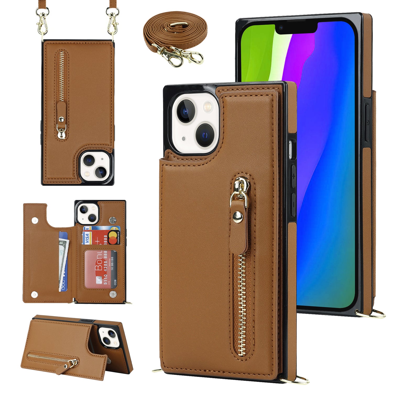 RFID Blocking Wallet Phone Case for iPhone 15 TPU+PU Kickstand Phone Cover with Shoulder Strap
