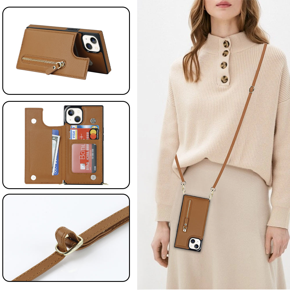 RFID Blocking Wallet Phone Case for iPhone 15 TPU+PU Kickstand Phone Cover with Shoulder Strap