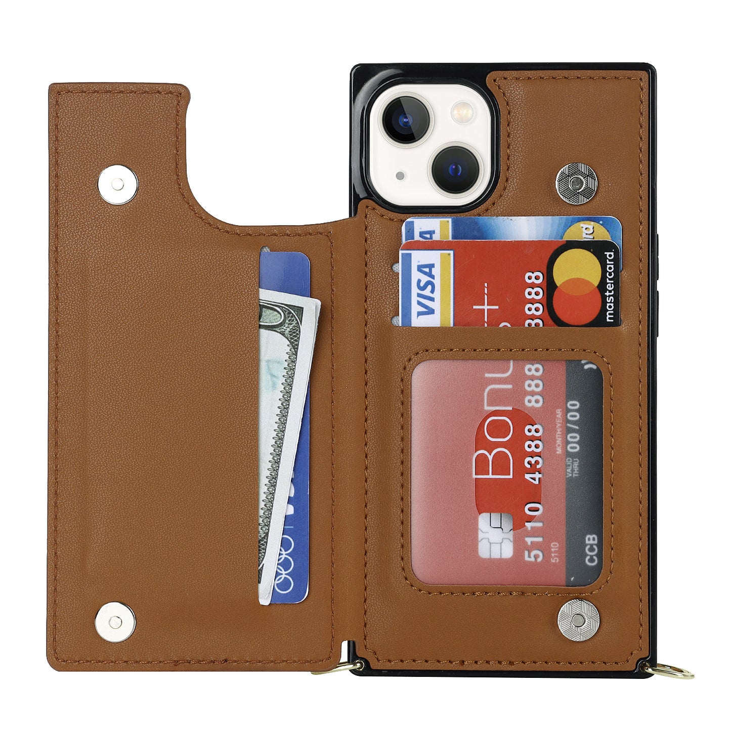 RFID Blocking Wallet Phone Case for iPhone 15 TPU+PU Kickstand Phone Cover with Shoulder Strap