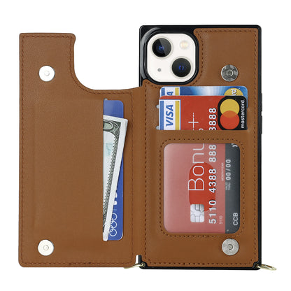 RFID Blocking Wallet Phone Case for iPhone 15 TPU+PU Kickstand Phone Cover with Shoulder Strap