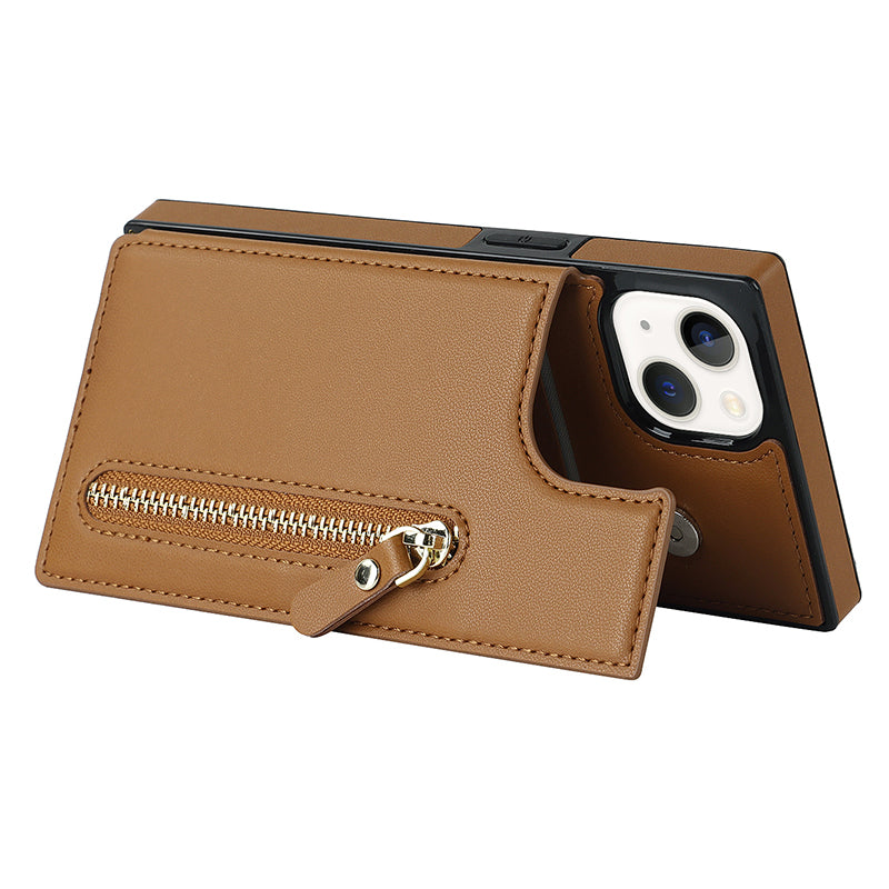 RFID Blocking Wallet Phone Case for iPhone 15 TPU+PU Kickstand Phone Cover with Shoulder Strap