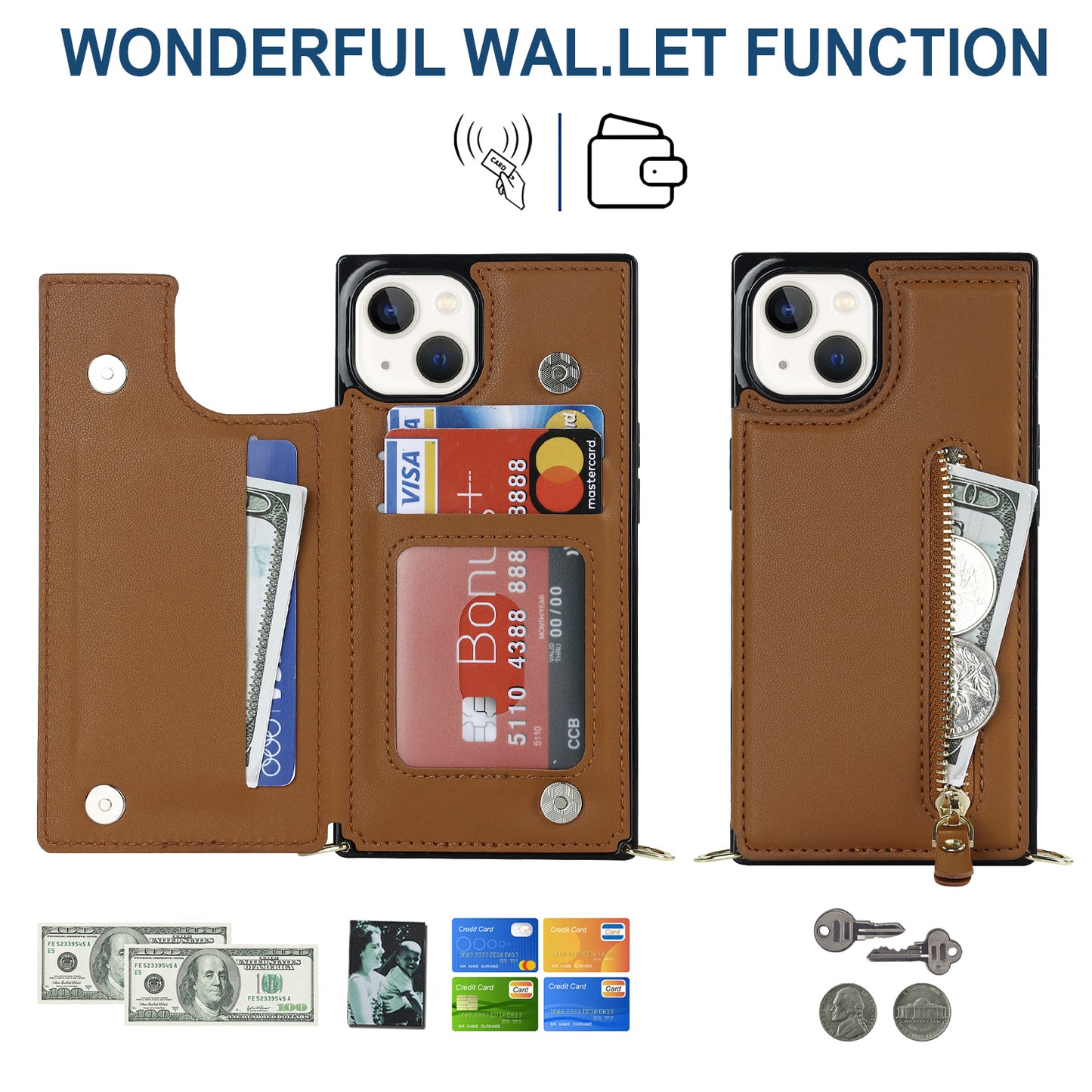 RFID Blocking Wallet Phone Case for iPhone 15 TPU+PU Kickstand Phone Cover with Shoulder Strap