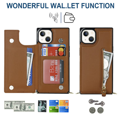 RFID Blocking Wallet Phone Case for iPhone 15 TPU+PU Kickstand Phone Cover with Shoulder Strap