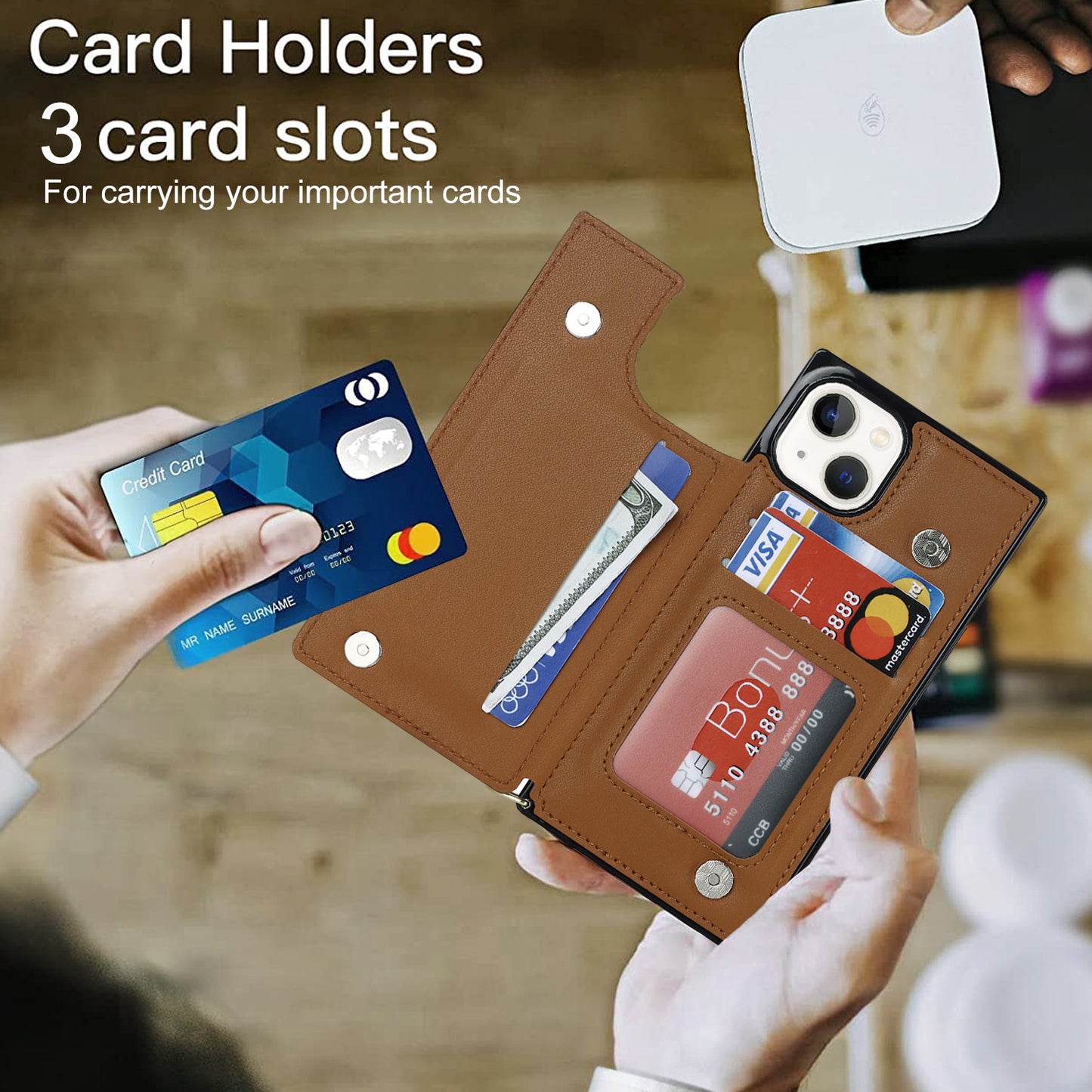 RFID Blocking Wallet Phone Case for iPhone 15 TPU+PU Kickstand Phone Cover with Shoulder Strap