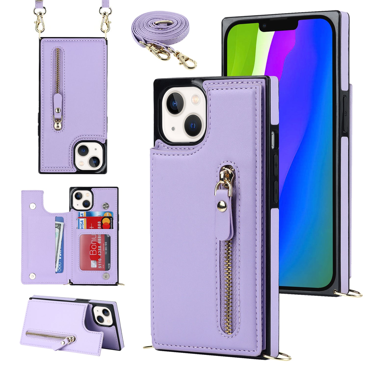 RFID Blocking Wallet Phone Case for iPhone 15 TPU+PU Kickstand Phone Cover with Shoulder Strap